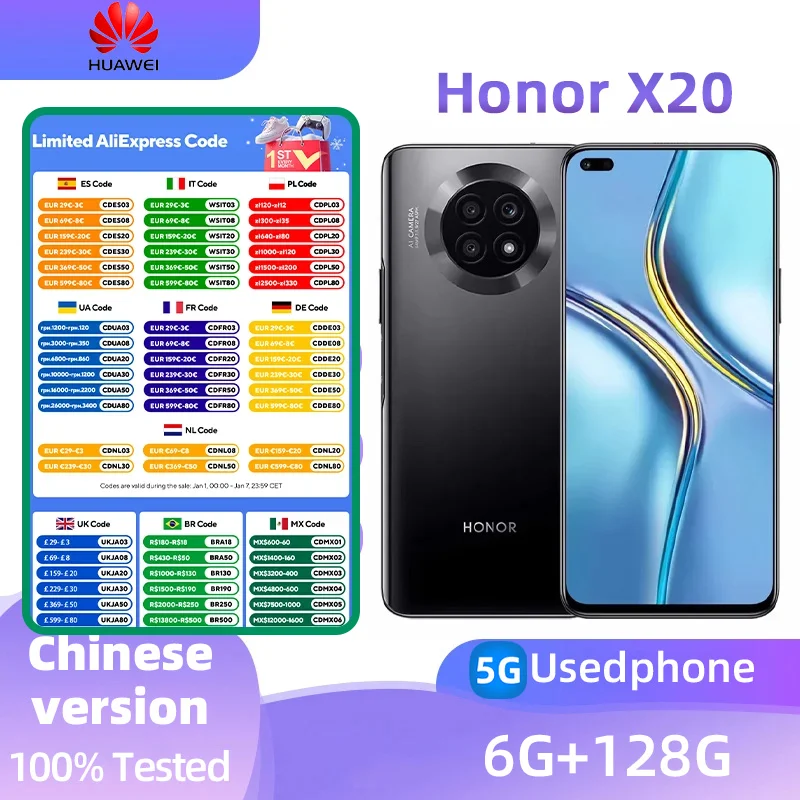 Honor X20 5g SmartPhone Dimensity 900 6.67Inch 120Hz LCD Screen 4300mAh Battery 66W Super Charge 64MP Camera Original used phone