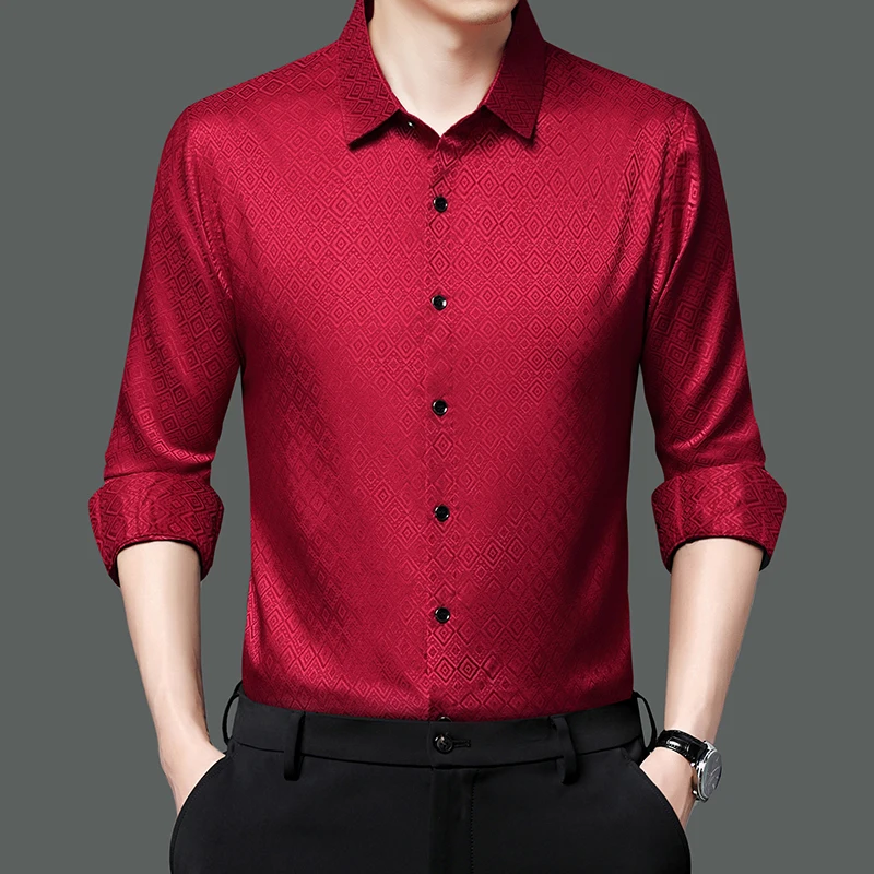 Solid Argyle Silky Luxury Shirts For Men Long Sleeve Casual Cool Spring Quality Soft Comfortable Oversized Fashion Chemise Homme