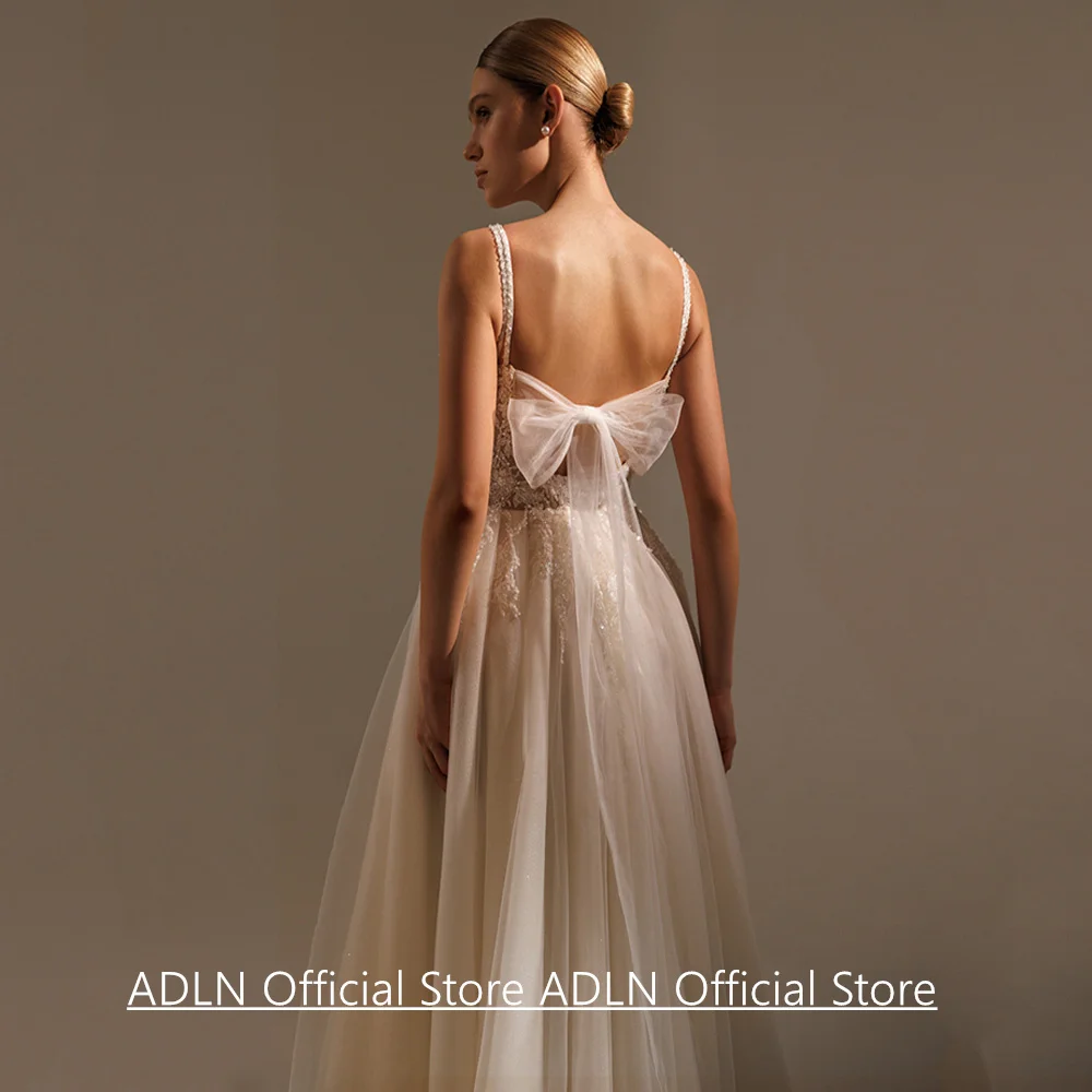 Sexy Zachte Tule Trouwjurk Aangepaste Spaghettibandjes V-hals Kralen Applique Een Lijn Backless Bruidsjurk Robe De Mariee