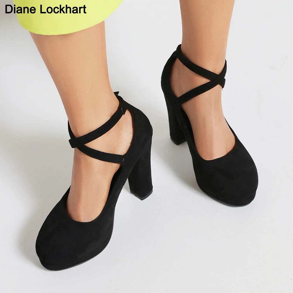 Women Sexy Ankle Straps High Heels Flock Thick Soled Platform Bottom Office Shoes Woman Dress Wedding Pumps Zapatos Tacon Mujer