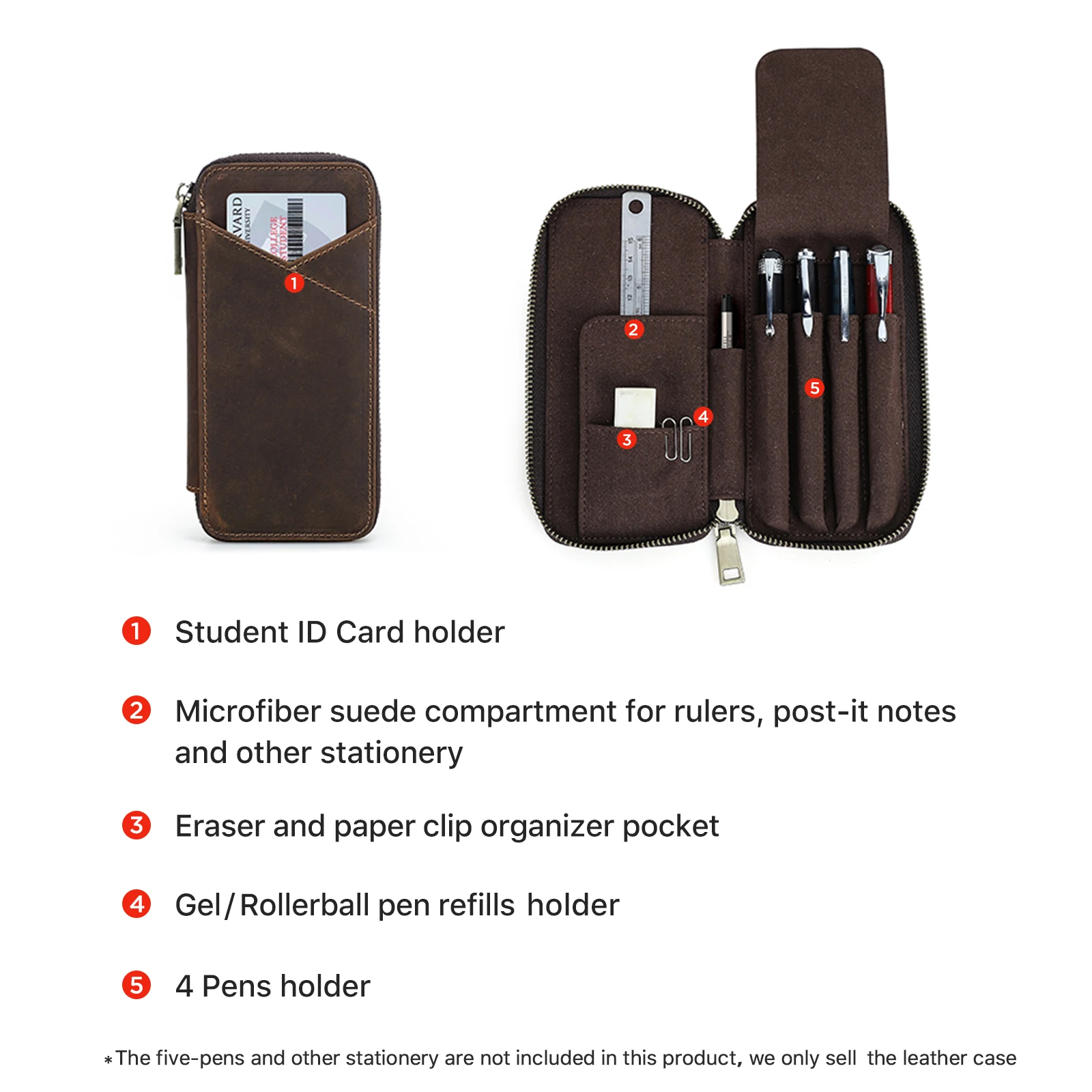 Handmade Genuine Leather Pen Pouch, 4‑Slots Design, Multifunctional Zipper Pen Storage Bag, Stationery Pouch for Students