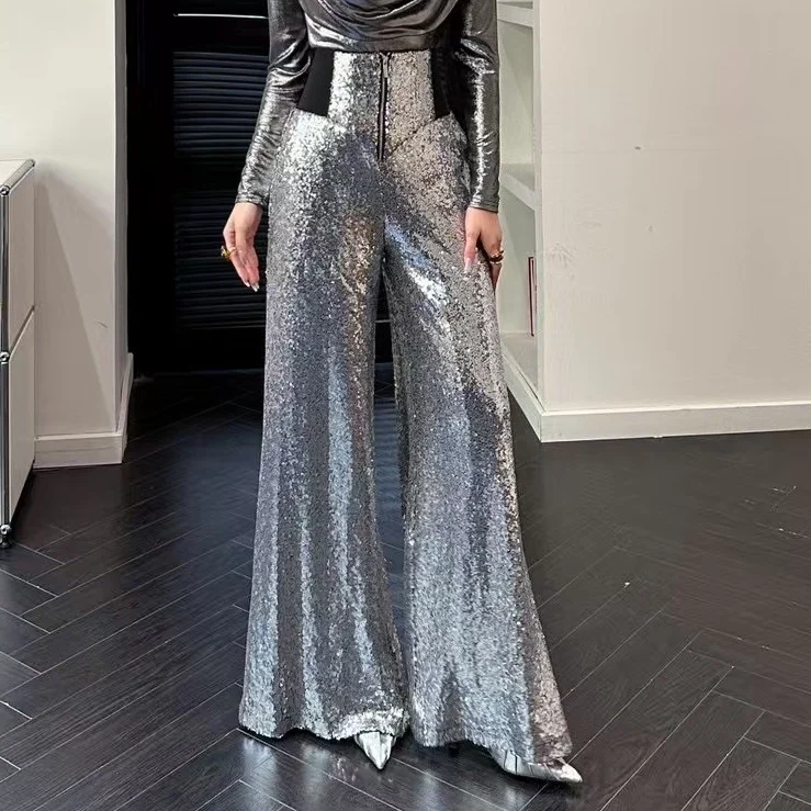 

Spring 2026 Faion High Waist Flared Pants Women's Casual Loose Fit Glitter Design Versatile Straight Leg Trousers