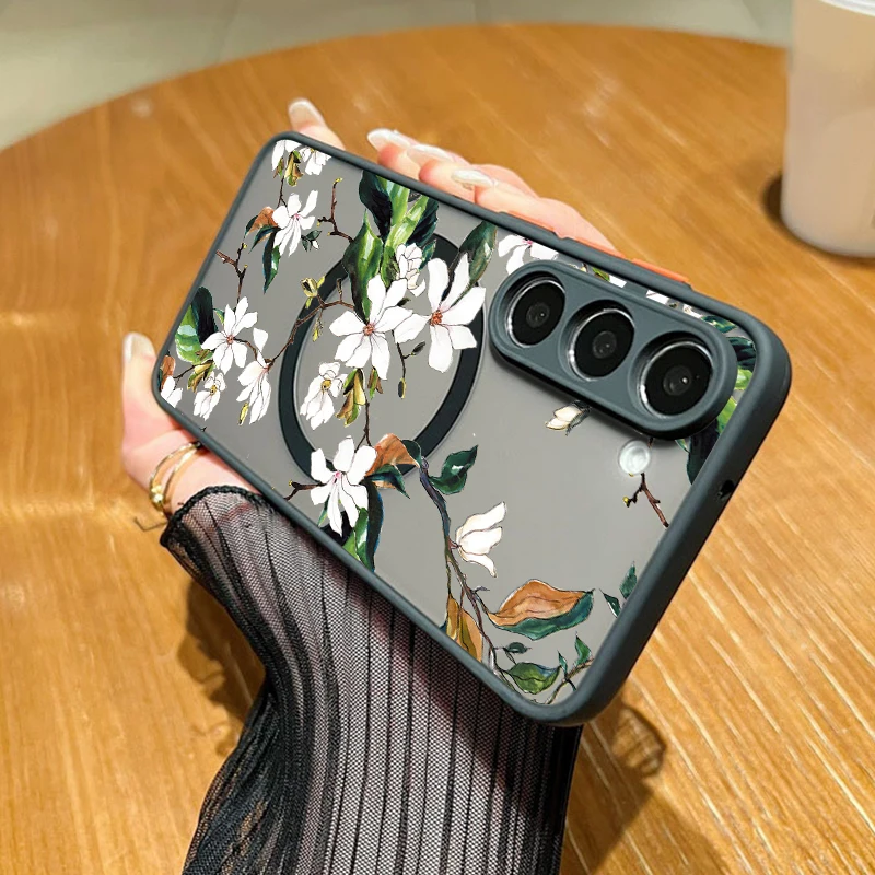 Magnetic For Magsafe Flower Case For Samsung Galaxy S24 S23 S22 Ultra S21 FE S25 A54 A15 A25 A35 A55 5G Hybrid TPU+PC Hard Cover