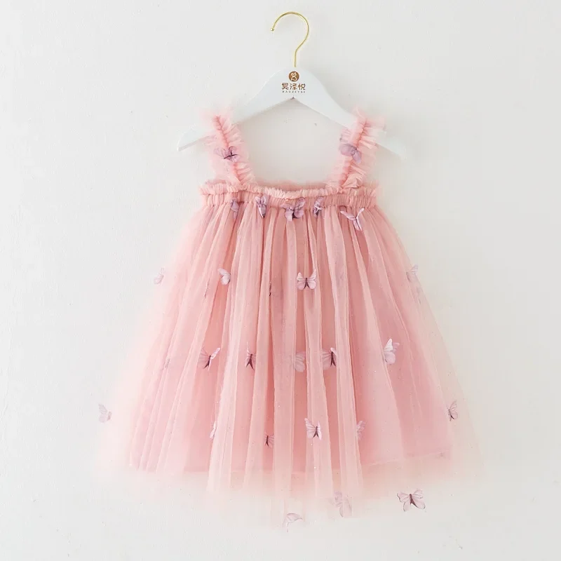 

2024 Toddler Baby Summer Princess Dress Kid Mesh Lace Sweet Dress Butterfly Sleeveless Dress Pink Little Girl Children Clothes
