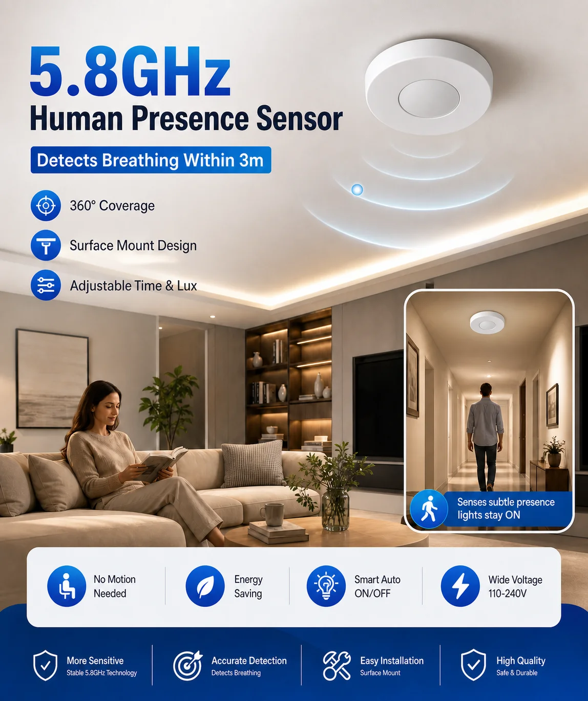 110V-220V Human Body Microwave Radar Sensor Switch for Office And Garage Presence Detection Breath Sensing Wireless Control