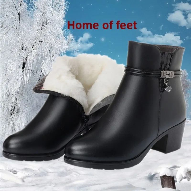

Winter Luxury Women's Boots Casual Leather Boots Plush Warm Snow Booties Mother Cotton Boots High Heel Ankle Booties Botas Mujer
