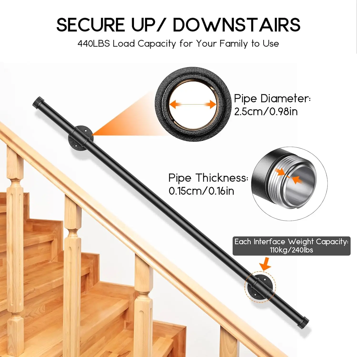 3m Staircase handrails, colored ramp stairs, internal and external industrial galvanized anti slip handles, safety railings