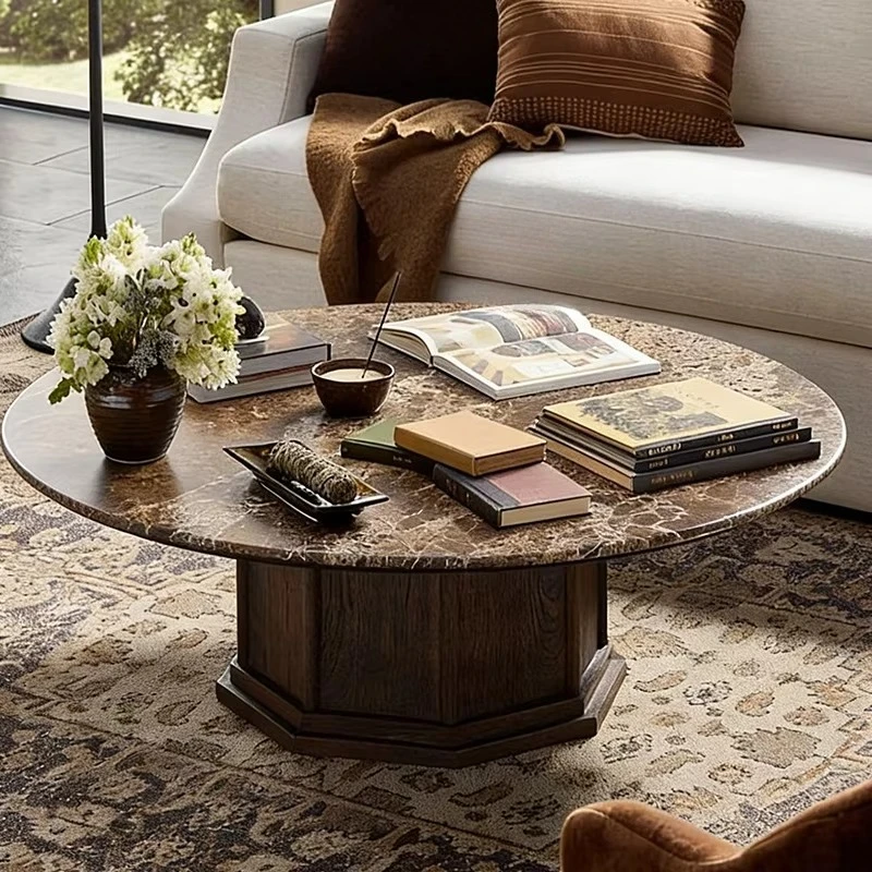 #Round Coffee Table With Natural Marble Top And Solid Wood Octagonal Base Classic
