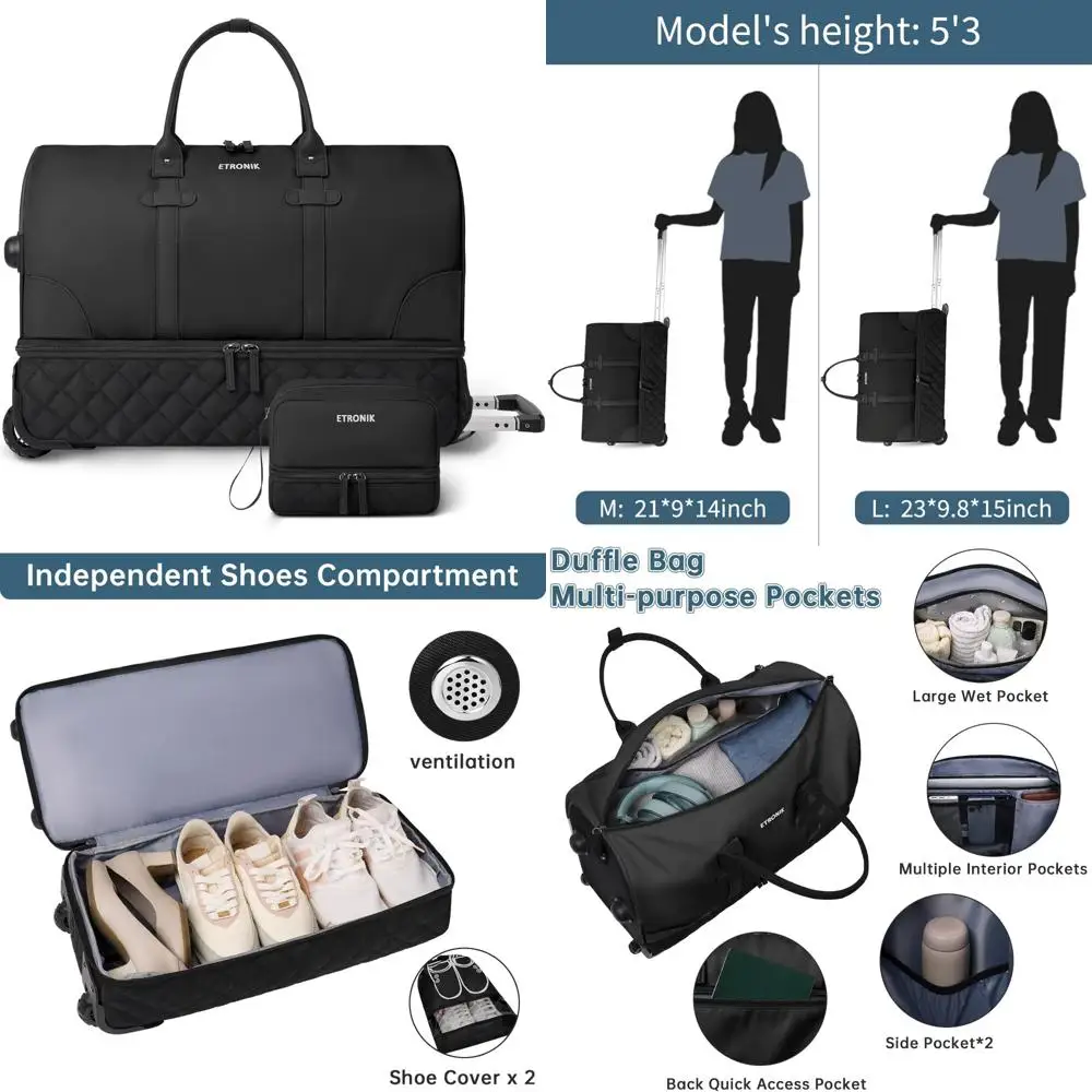 

23 Inch Women's Large Rolling Duffle Bag with Shoe Compartment and T for Travel Carry On Luggage