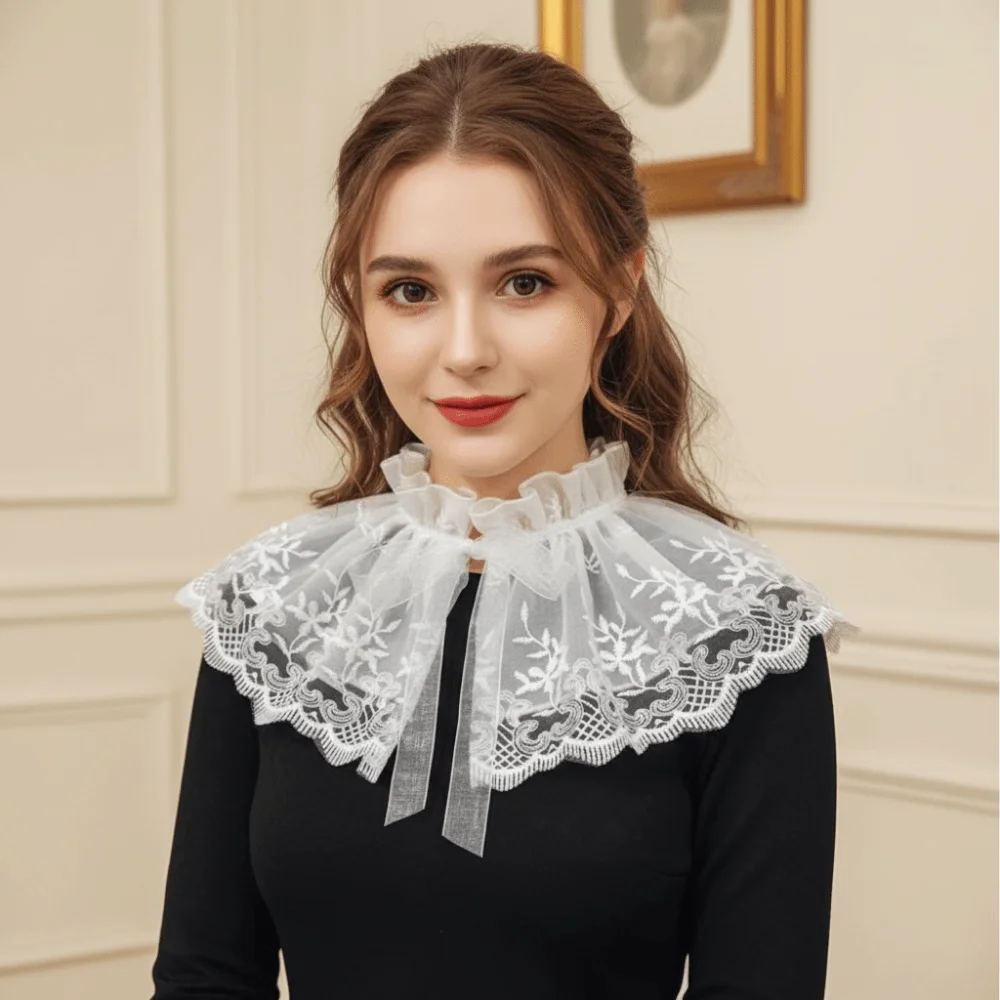 

Sweet Cape Embroidered Lace Fake Collar Embroidery Small high collar Blouse False Collars Floral Wraps Flower Scarves Female
