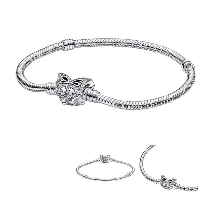 Silver 925 Original Wrist Charm Bracelets For Women Fine Jewelry Snake Chain Cut Out Heart Bead Set Zircon Stone Butterfly Clasp