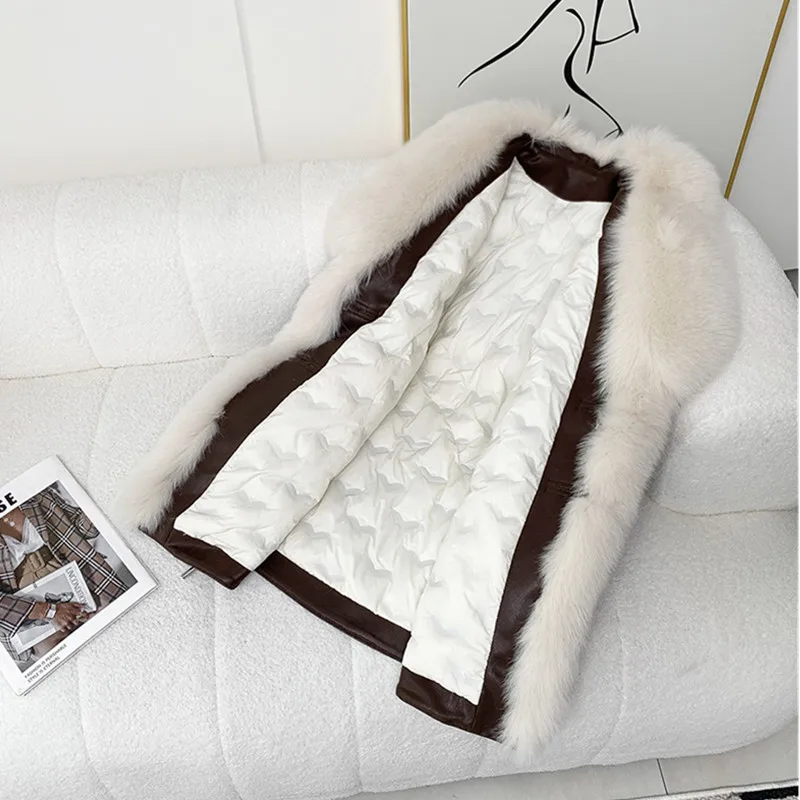 Real gola de pele de raposa ganso para baixo jaqueta 2025 inverno nova versão coreana solto temperamento para baixo casaco à prova de vento jaqueta de couro feminino