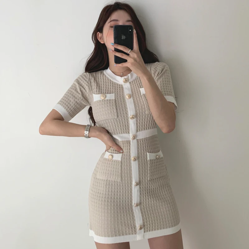 

Chic Retro round Ne Single Button Color Blo Design Slimming Wrap Body Knitted Dr Women's mid Length ort Sve Summer