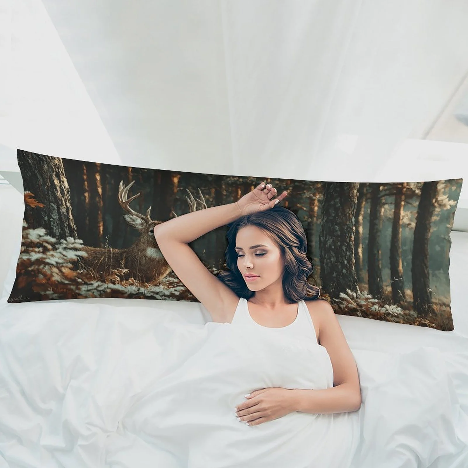 Forest Theme Deer Pattern Pillowcase - Soft Plush Bed Pillow Cover, Double-Sided Large Size 20x54 Inches (51x137cm) with Zipper