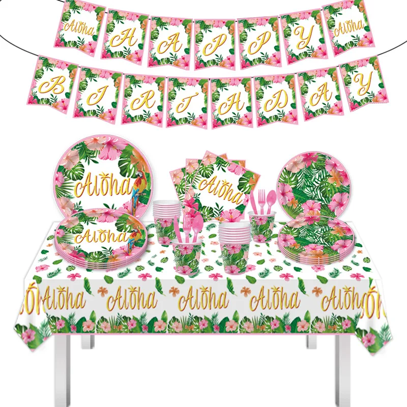 Hawaiian Party Cutlery, Paper Plates, Cups, Tissues, Beach Aloha Summer Flamingo Summer Themed Party Set