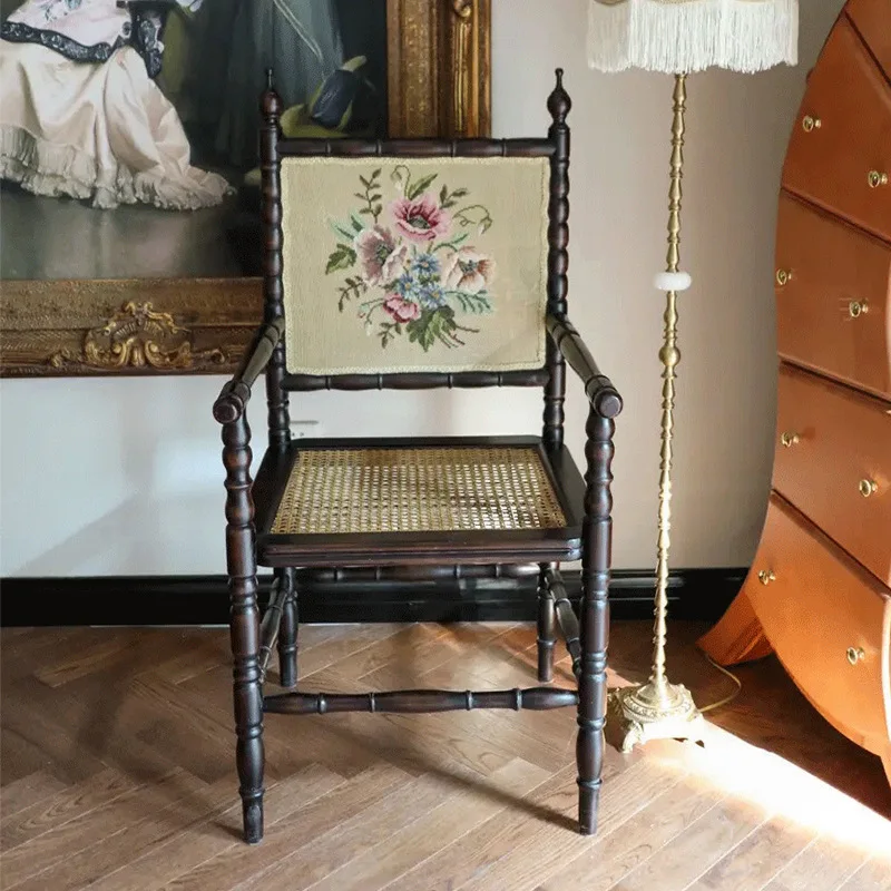 Embroidered French dining chair with armrests, desk chair, study chair, owner rattan