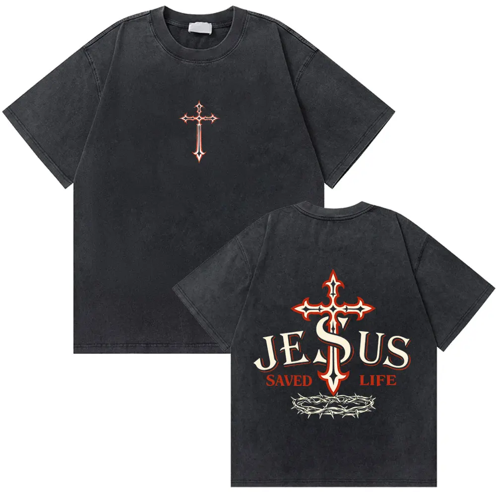 

Washed Vintage Awesome Christian Jesus Saved Life Bible Verse Print T-shirt Men Women Summer Hip Hop Gothic Oversized T Shirts