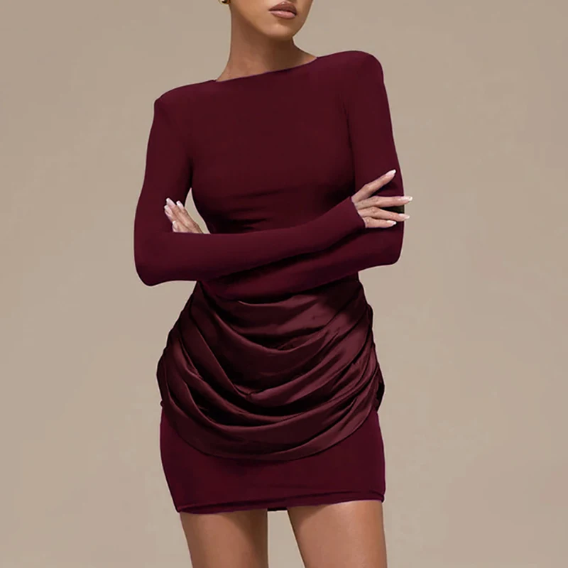 Lässiges Büro-A-Linien-Kleid mit hoher Taille, schlichtes einfarbiges O-Ausschnitt, schmale Passform, kurzes Kleid, plissiertes Design, langärmeliges Herbstkleid