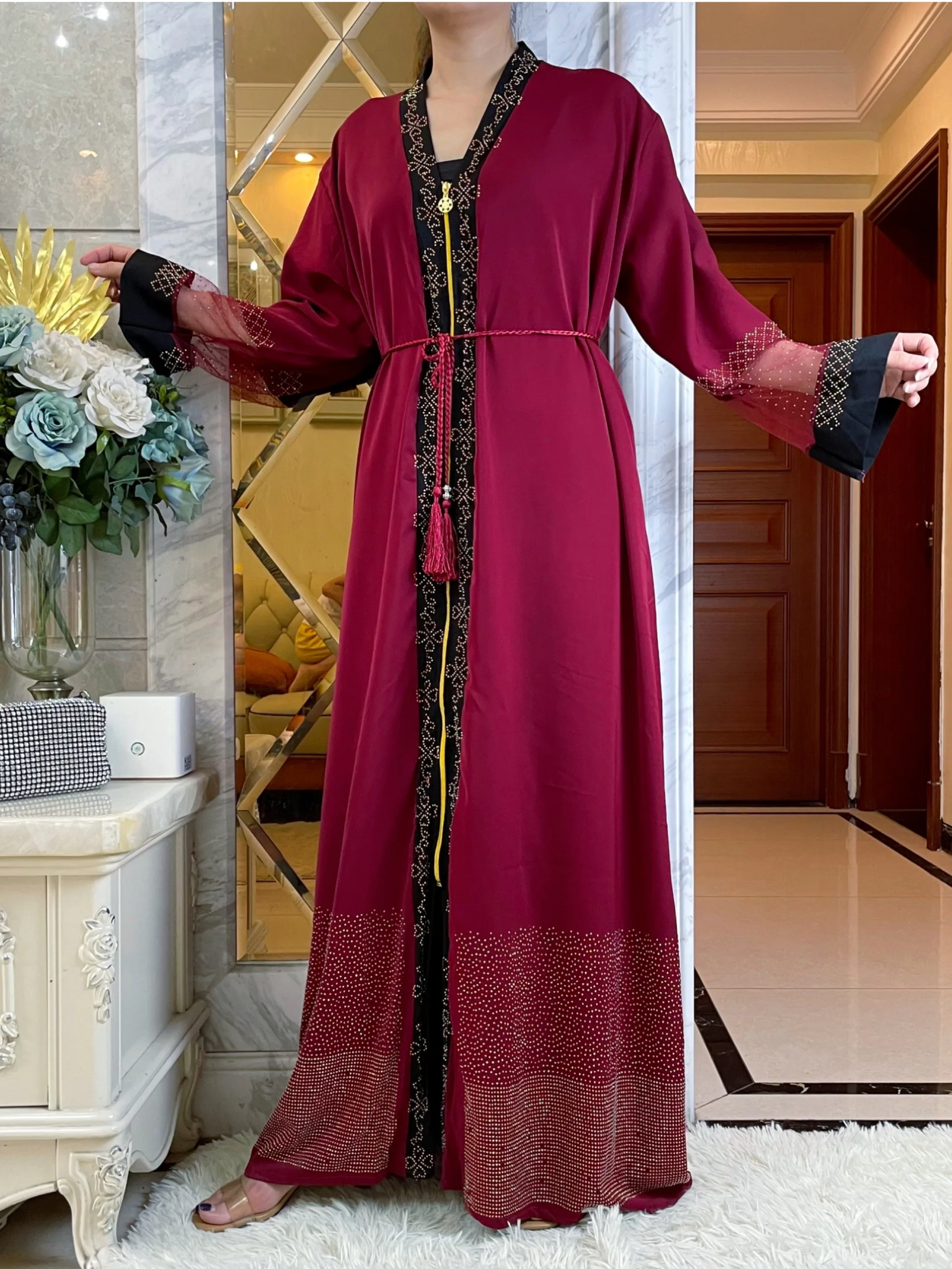 2023Abaya Muslim Maxi Long Sleeve Dress Chiffon Fabric Women Diamond Arab Dubai Islamic Clothing Autumn New Loose Casual Turkey