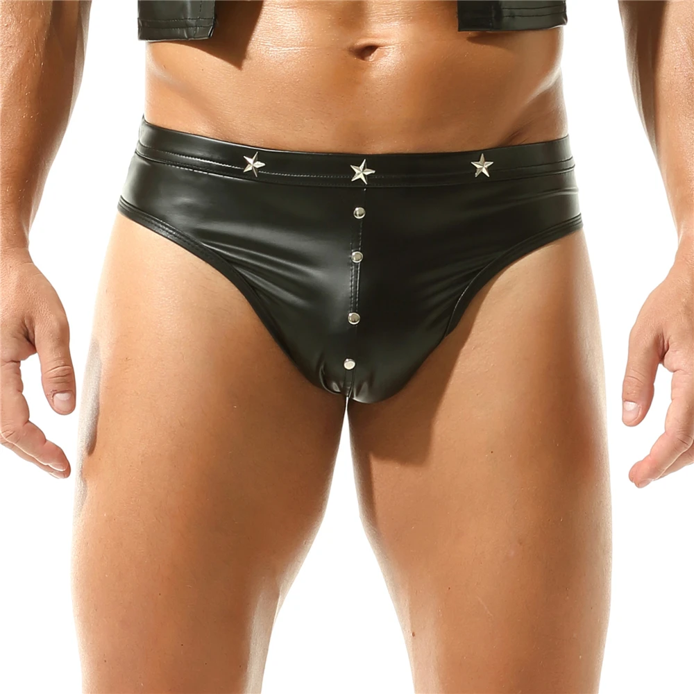 New Fashionable Soft Rivet Low Waist Slim Fit Men's Triangle Pants Black Sexy Glossy PU Leather Gym Fitness Muscle Underpants