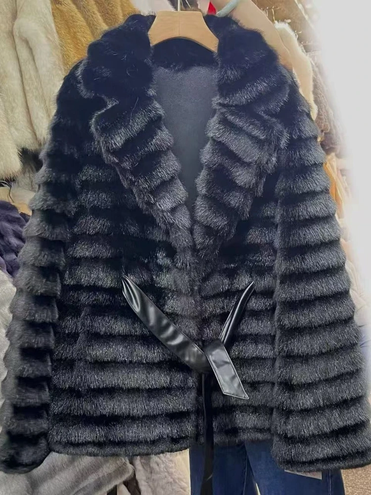 Women's Luxury Faux Fur Coat Striped Fluffy Short Jacket with Tie Waist Lapel Collar Winter Warm Overcoat  Winter Jacket
