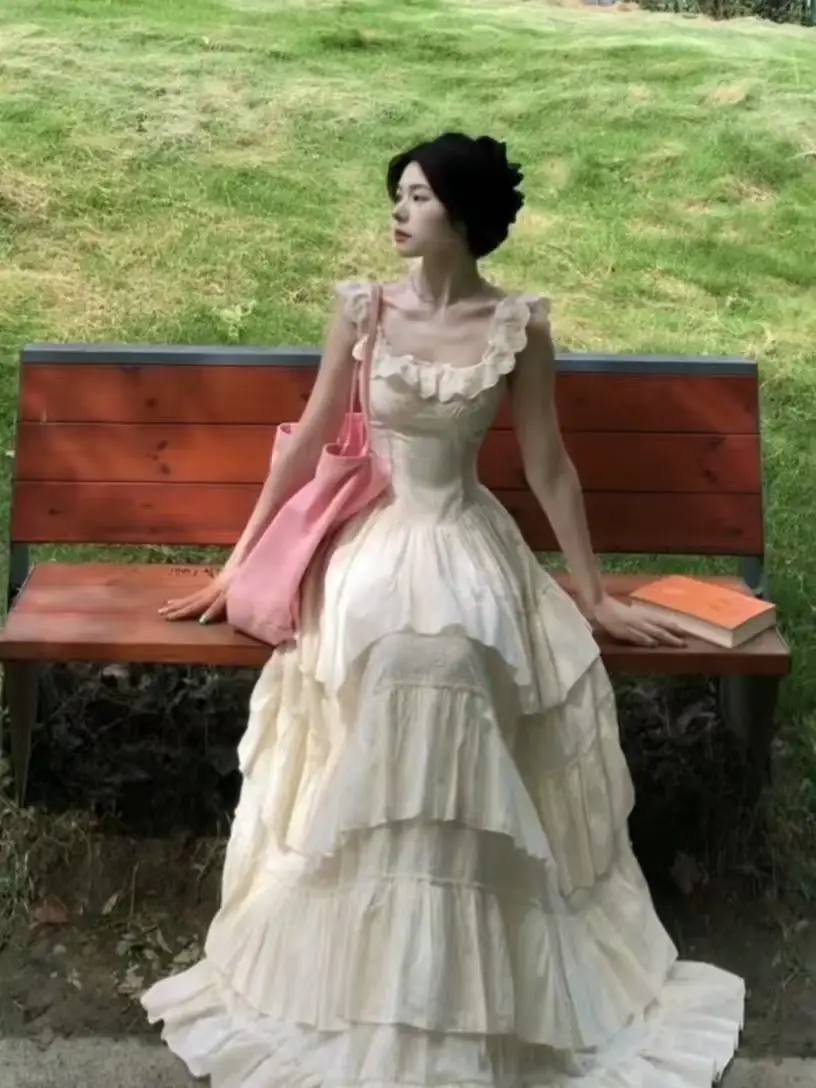 

French Style Ruffled Square Collar Dress Women's Summer Holiday Style Sleeveless A-line Long Dress Fashion Female Clothes