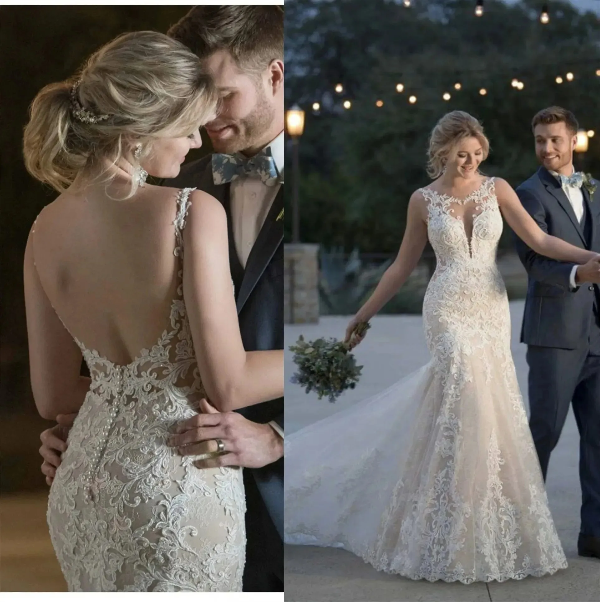 

Customized 2026 V-neck Mermaid Wedding Dresses Lace Appliques Sleeveless Bridal Gown Vestido De Novia Sexy Open Back Robe