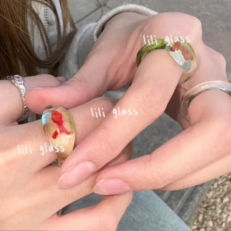 Ocean Series The Transparent Resin Is Wrapped with Small Red Fish Inside Ring  Women's Summer Vacation Cool Seaside Jewelry Ring