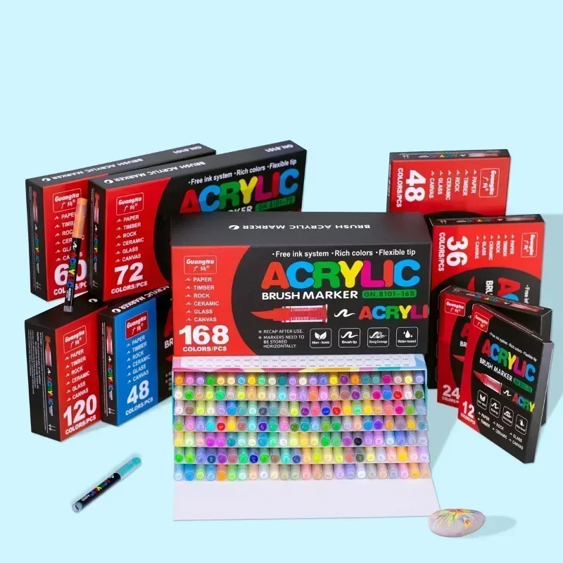 12-168 ألوان أكريليك أقلام الطلاء علامات فرشاة تلميح علامات الطلاء لطلاء الصخور الخشب قماش الحجر ، هدية الكريسماس Crafts بها بنفسك الحرف
