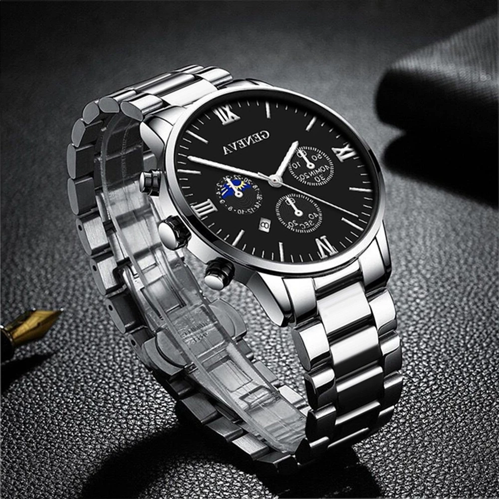 

4pcs Set Fashion Mens Watches Luxury Steel Quartz Wristwatch Men Business Sports Wrist Watch Bracelet Necklace Ring Set No Box