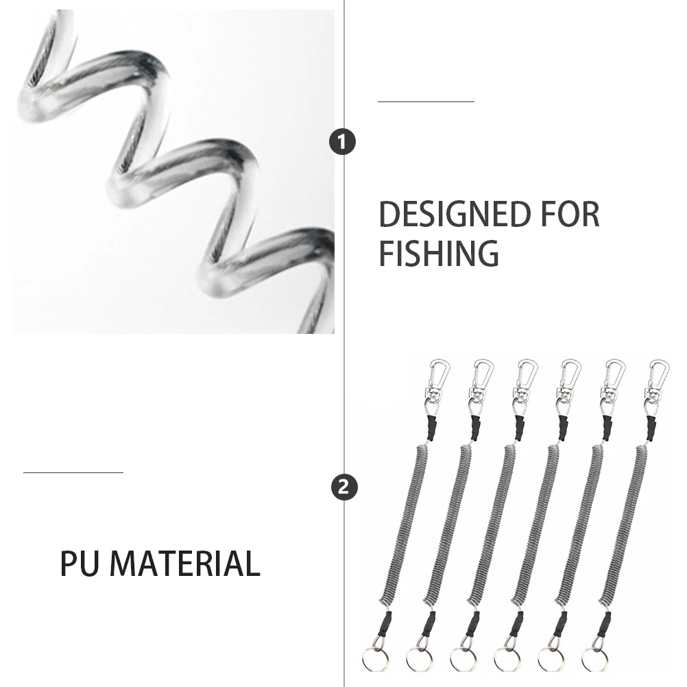 

6pcs Fishing Rod Protection Ropes Outdoor Camping Hiking Coiled Elastic Straps Pu Steel Wire Retractable Key Chains Lanyards