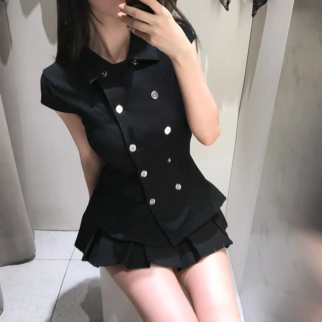 Korean Style Retro Black Shirt Top Women's Short Skirt Two-Piece Set Small Size Fashionable Casual Wear for All Seasons