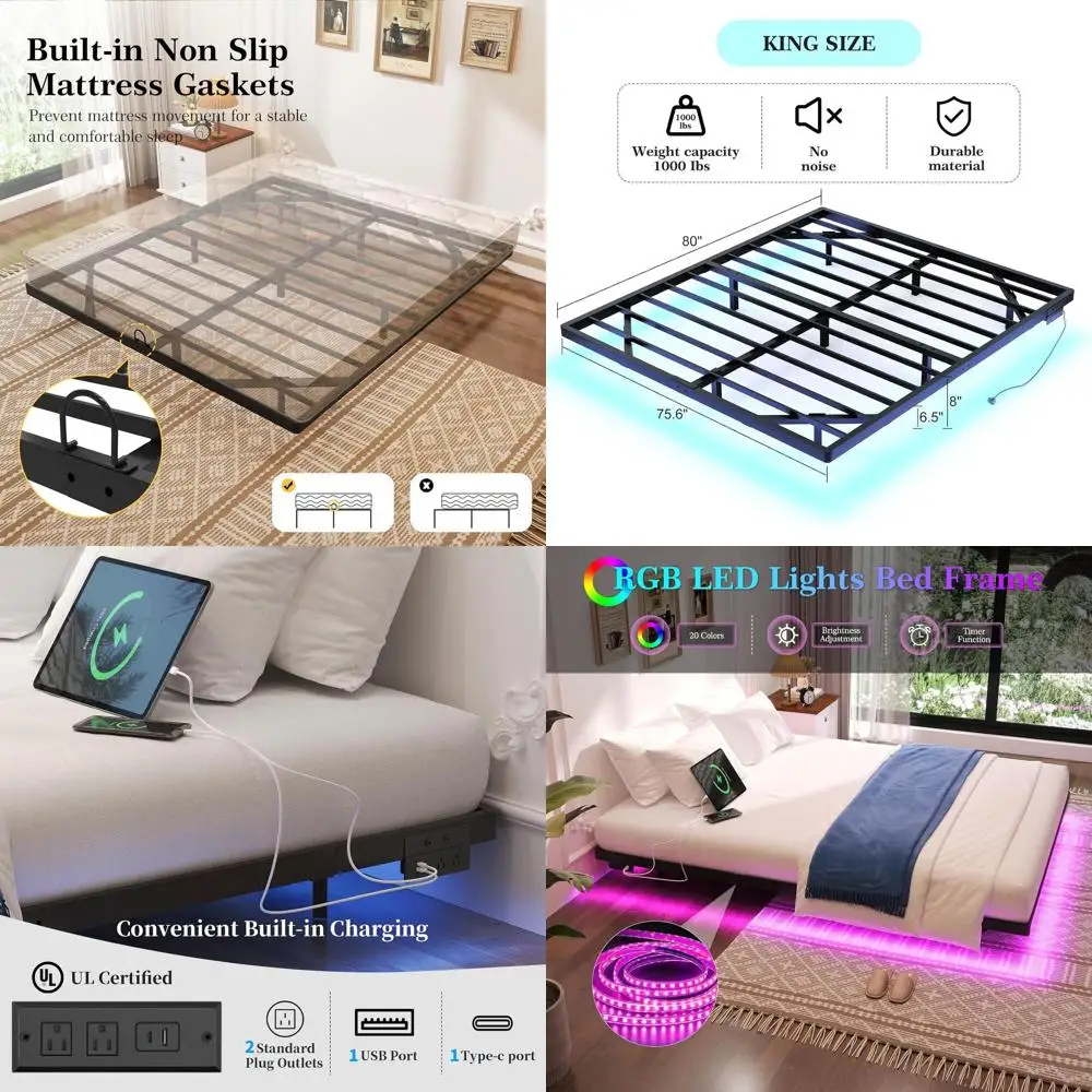 

Кровать-платформа King Size из прочного металла со светодиодной подсветкой, зарядной станцией, простой в сборке, бесшумная.