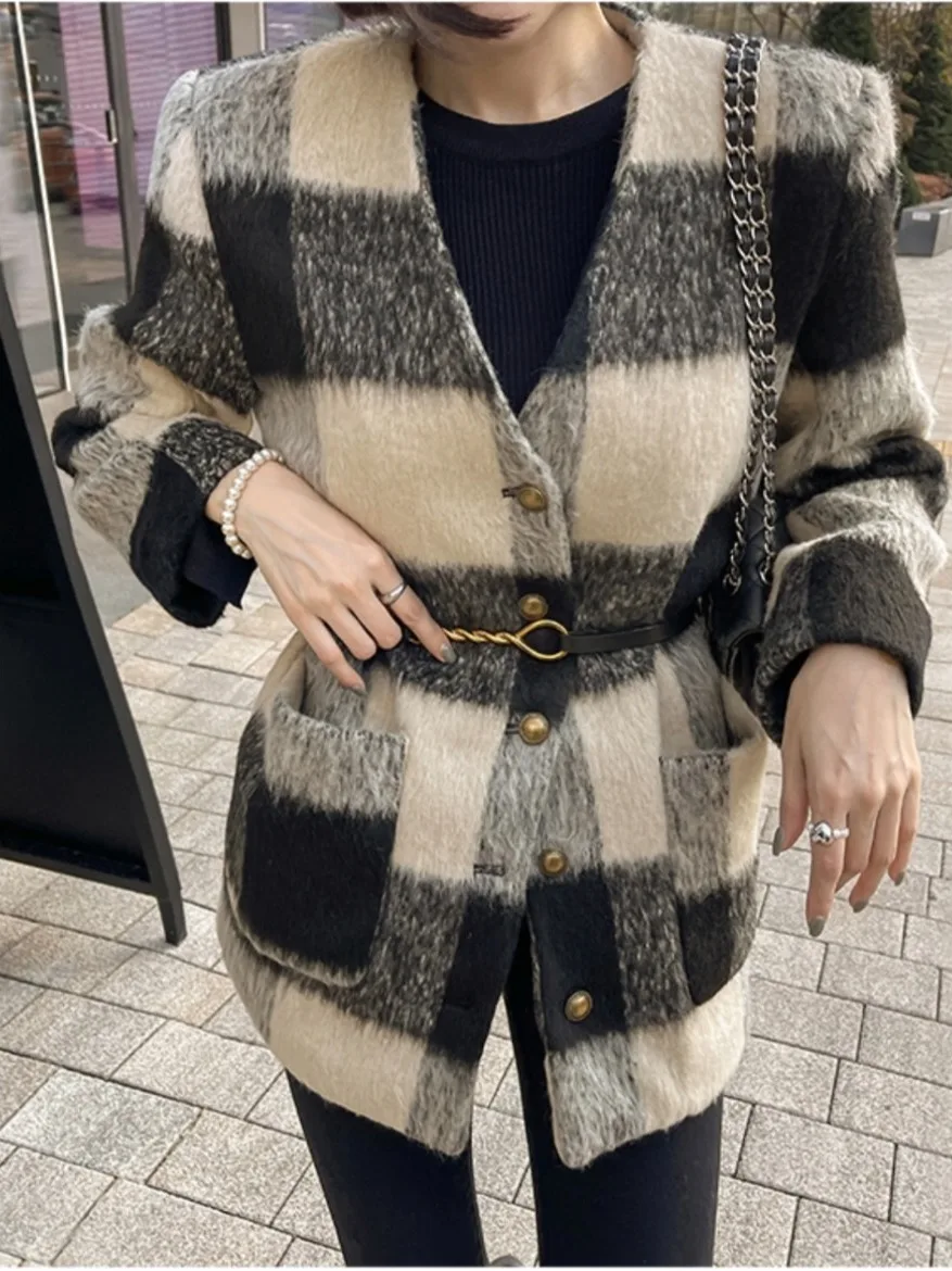 

Chic Autumn Winter Vintage Ladylike V-ne Single Button Loose Versatile Long Sve Color Blo Plaid Woolen Coat for Women