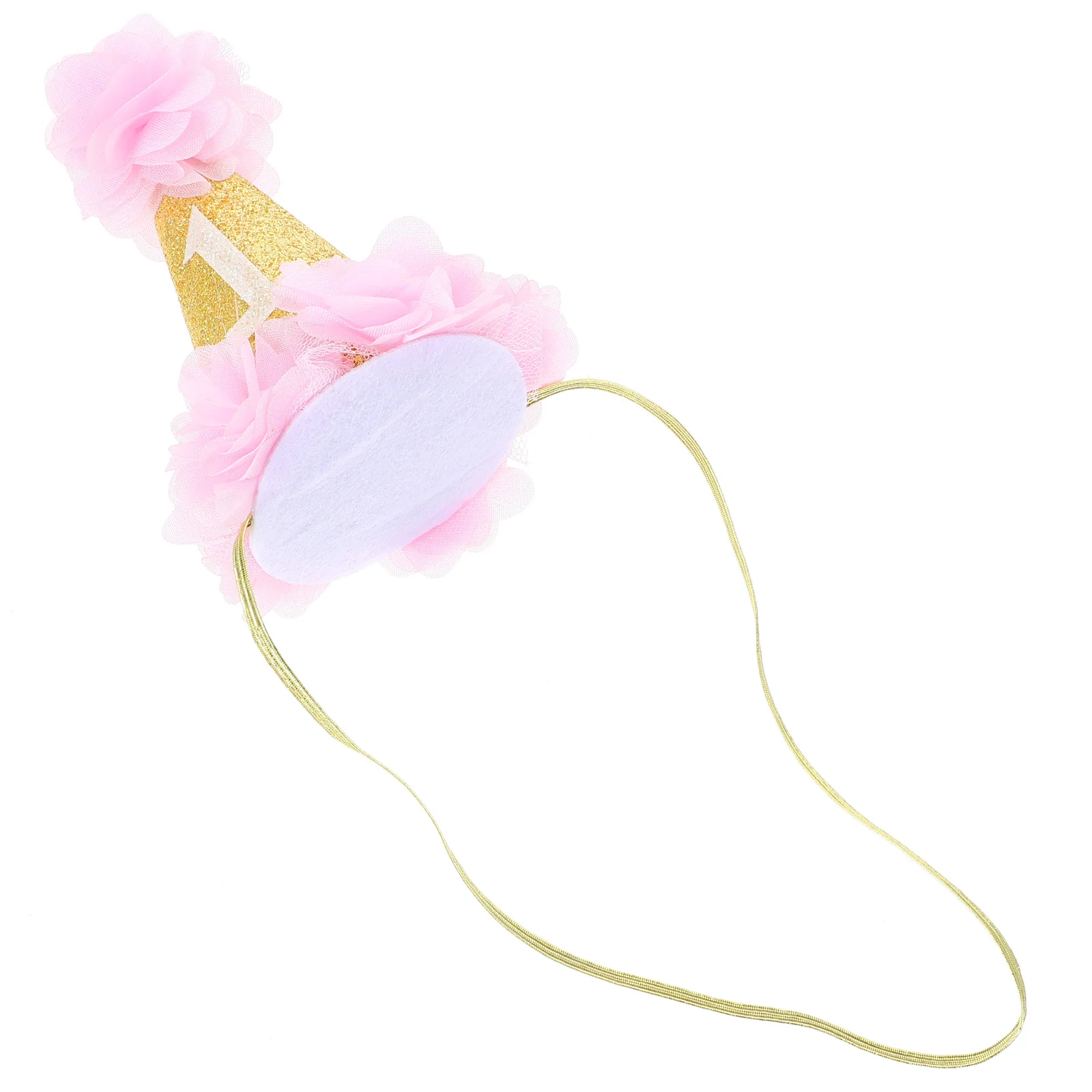 

Baby Girl First Birthday Headband Pink Cone Shape Party Crown Hair Accessory Elegant Flower Bling Gold Kids Birthday Headdress