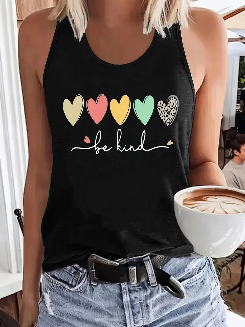 Lustiges „Be Kind“-T-Shirt mit Herz-Motiv im Y2K-Stil, grafisches Tank-Top, ärmelloses Damen-Freizeitoberteil mit Rundhalsausschnitt für den Sommer und Frühling