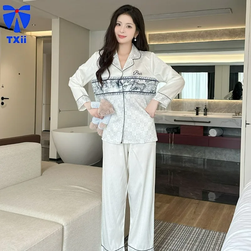 High-end Custom Ice Silk Pajamas Women\'s Spring and Summer Thin Herringbone Jacquard suit Light Luxury Outfit Home Clothes