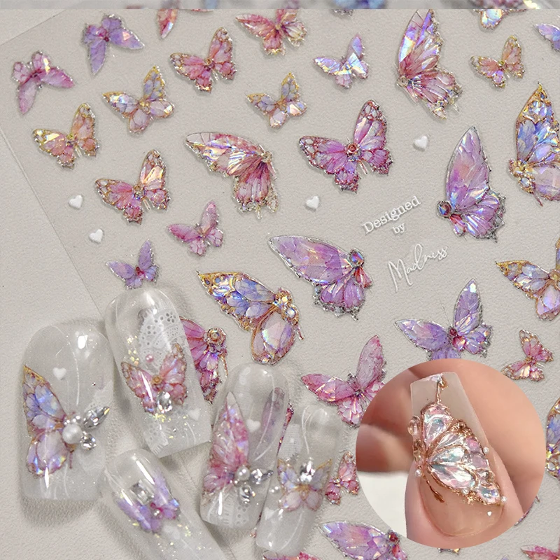 1pcs 5D Japanese Kawaii Butterfly Nail Stickers Luxury Glitter Shell Aurora Nail Art Decorations Decals DIY Manicure Slider Foil