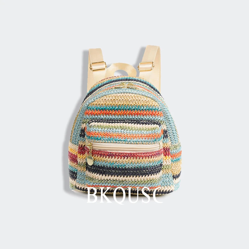 Fashion Mini Straw Woven Women\'s Backpack Stylish Ethnic Style Retro Color Stitching Small Backpacks Female Girl\'s Storage Bags