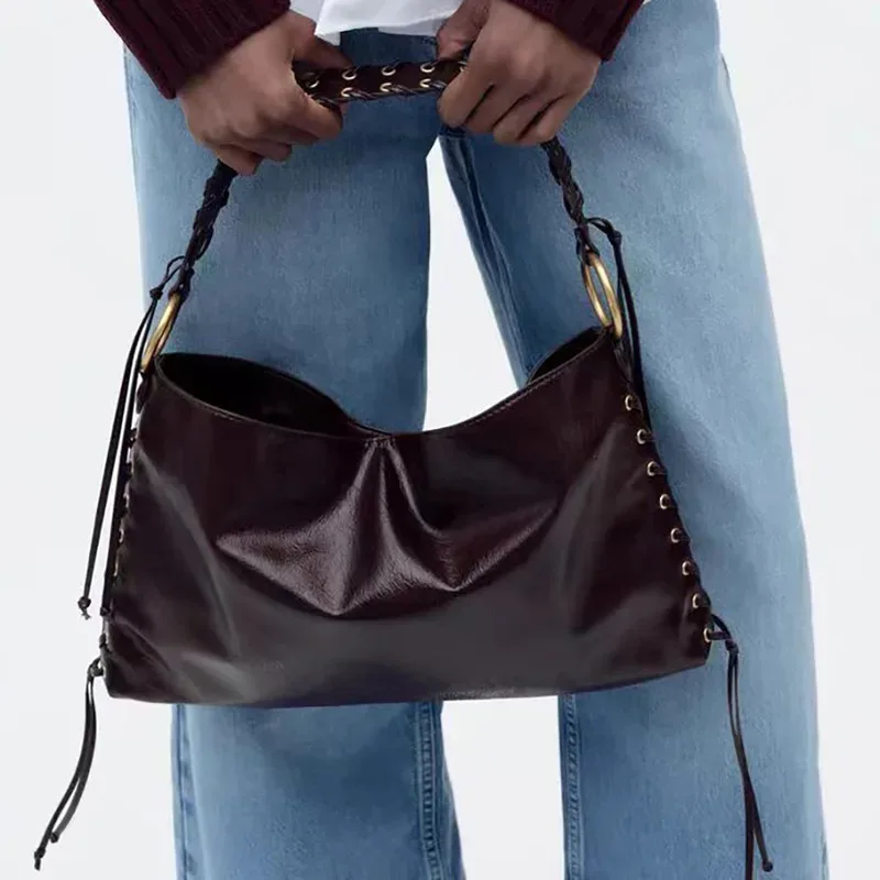 

2026 New Trend Women High Quality PU Leather Tote Bags Luxury Designer Vintage Handbag Underarm Bag Polyester Lining Zipper