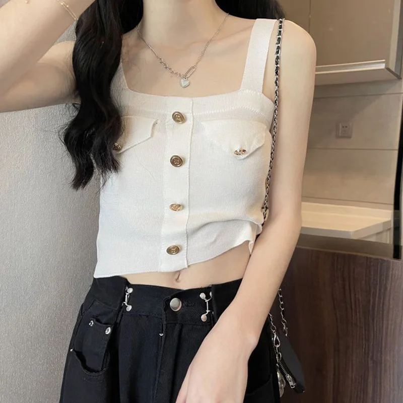 Knitting Camisole Female Summer New Fashion Simplicity Buttons Solid Color Top Tee Odzież damska All-match Temperament Tank Top