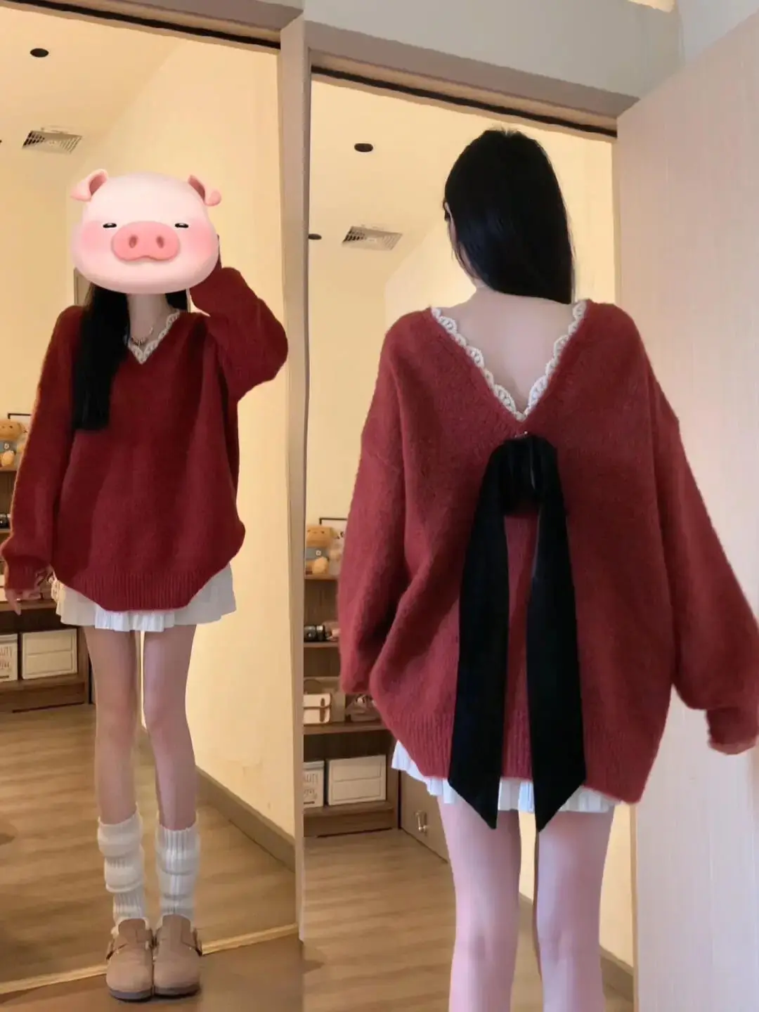 

Red Cisas New Year Women's Sweater Loose V-ne Knot Autumn Winter Knitted Top Faionable Gentle Sle Long Sl...