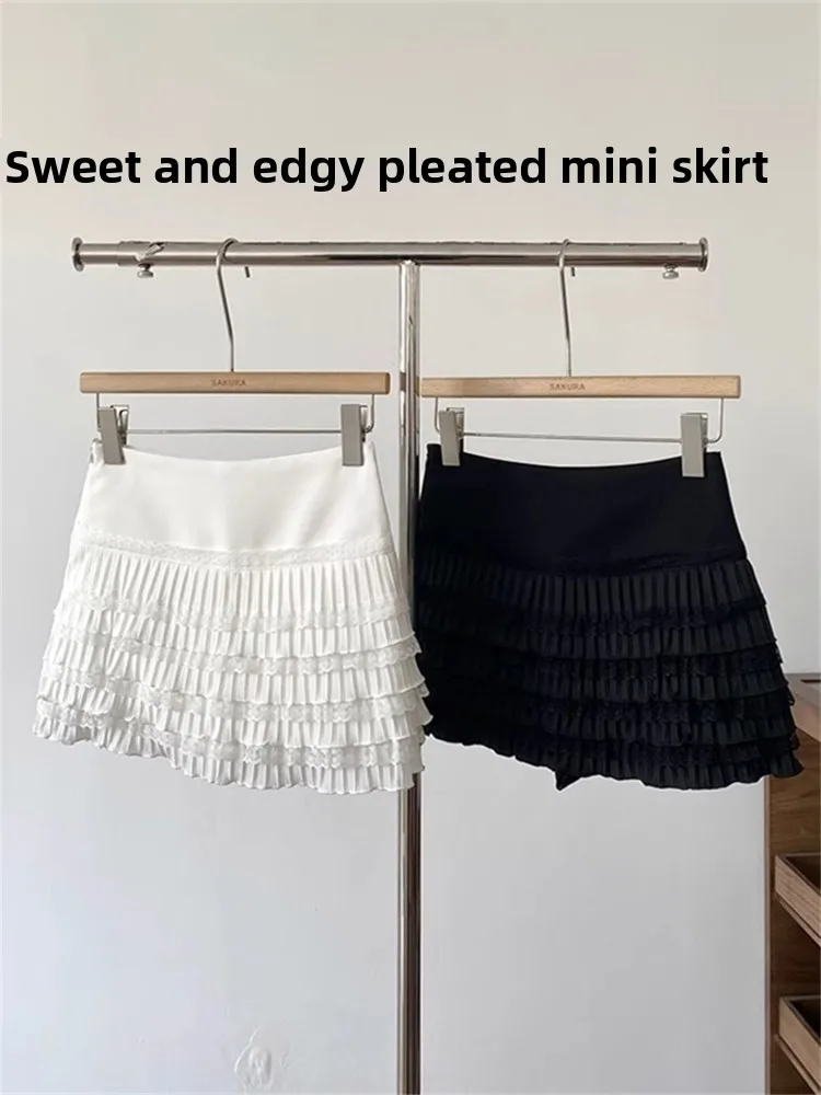 

Корейская юбка Sle Sweet Baking с высокой талией, кружевной расклешенный подол, однотонная женская юбка длиной f, дизайн на молнии для поездок на работу, A...