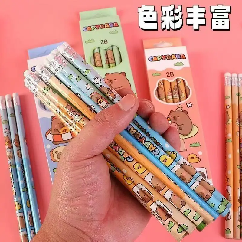 Capybara Bleistift-Cartoon-Set Niedliche Natürliche Holz-Schreibbleistifte für Grundschüler Radierbarer 2B Bleistift