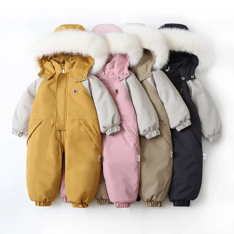 2024 New Baby Girls Solid Winter Rompers Zipper Hooded Long Sleeve Casual Children Bodysuit Polyester Windproof Outdoor Romper