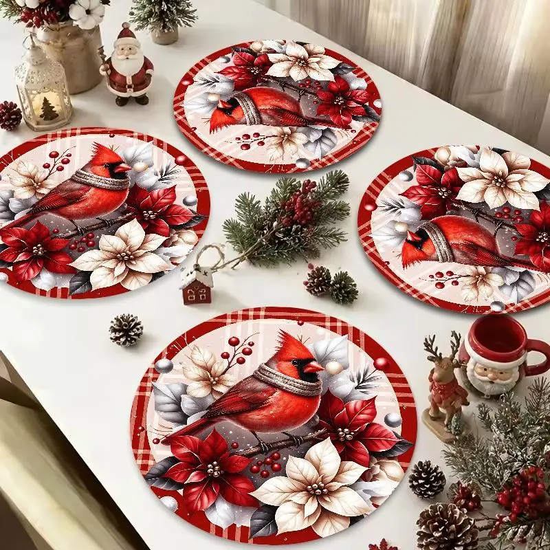 VIKAMA Cardinal Bird Poinsettia Round Placemat, 3 Designs, Table Mat for Kitchen Dining Party