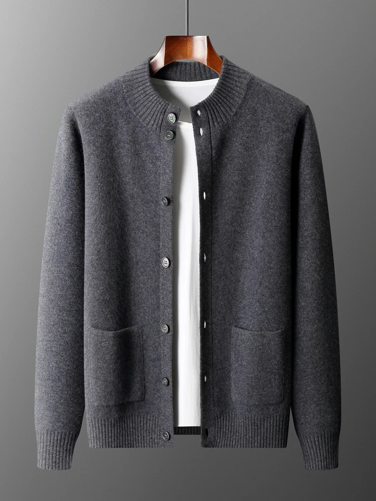 100% Cashmere Cardigan Sweater Men's Mock Neck Thick Knitwear Autumn Winter Luxury Buttons Coat Smart Casual Soft Clothing Tops