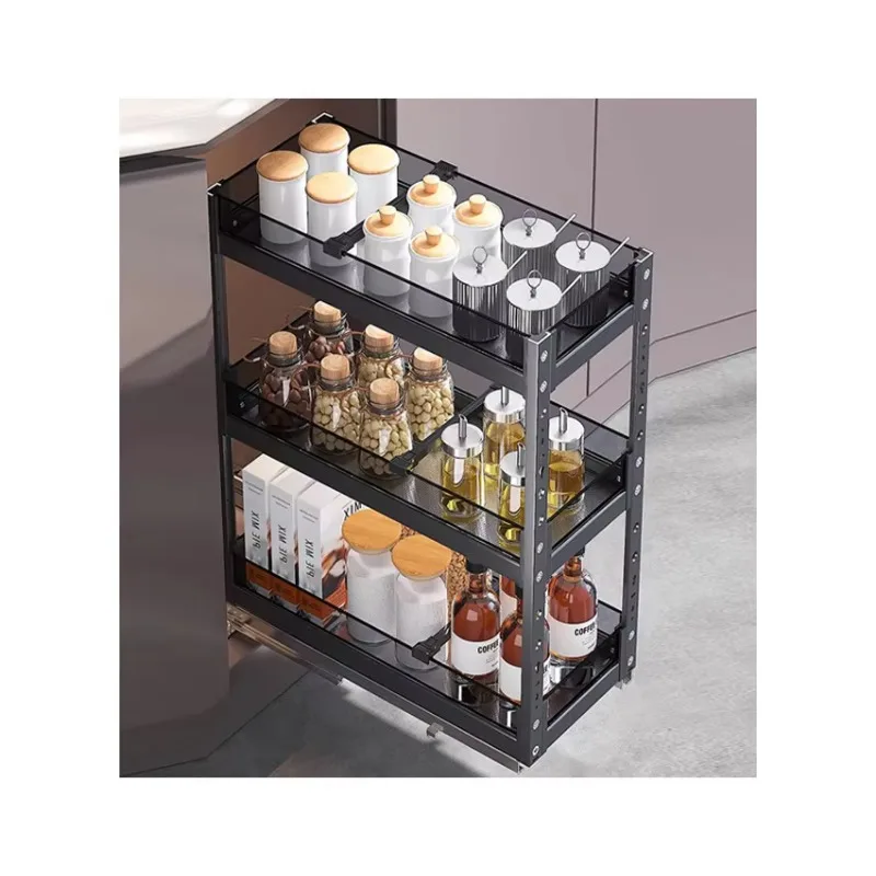 

3-Layer Aluminum Kitchen Storage Pull-Out Spice Rack Soft-Closing Glass Seasoning Basket Side-Mounted Basket Drawers