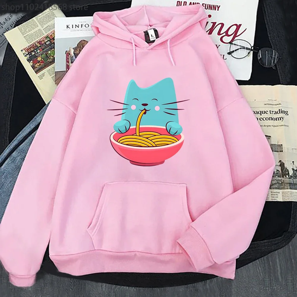 Cat Eating Spaghetti Hoodie Aesthetic Men Fashion Animal Graphic Sweatshirt Korean Style Streetwear Women Four Seasons Sudaderas