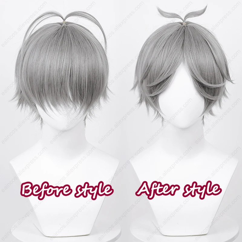 Wig Cosplay Anime Sugawara Koushi 30cm Wig abu-abu perak pendek Wig peran rambut sintetis tahan panas